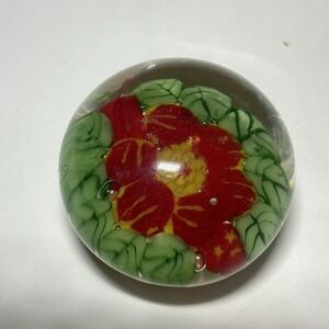 Vintage Murano mini glass paperweight Red & Yellow flowers with leaves 2 x 1.5"